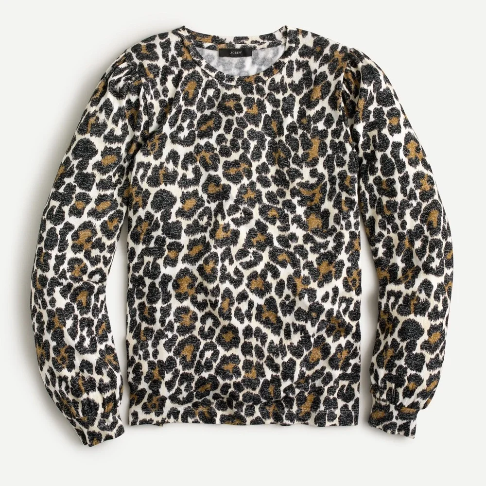 J. Crew NWT❗️Animal Print Supercozy puff-sleeve pullover in leopard Cream